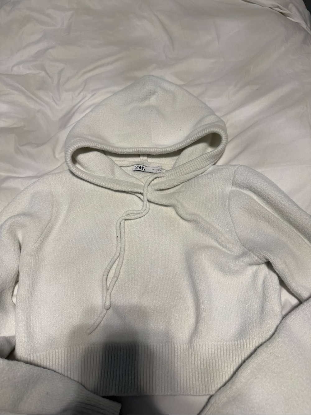 ZARA White Cropped Drawstring Hoodie